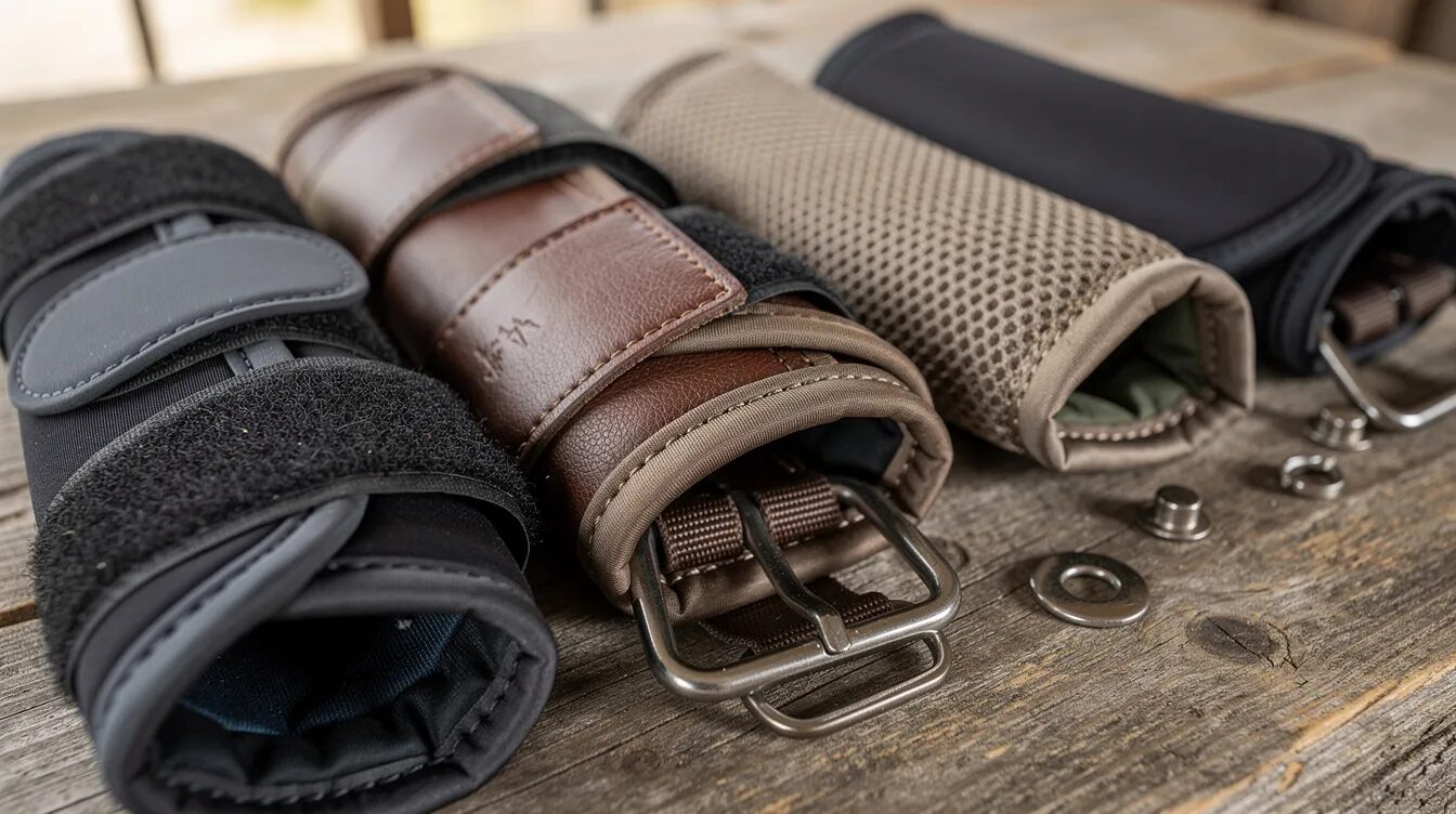 Die Nahaufnahme zeigt verschiedene Gamaschenmaterialien und Verschlüsse, darunter Klettverschlüsse, auf einem rustikalen Holztisch. Diese Gamaschen sind ideal für Outdoor-Aktivitäten wie Wandern und bieten Schutz vor Schmutz und Wasser.